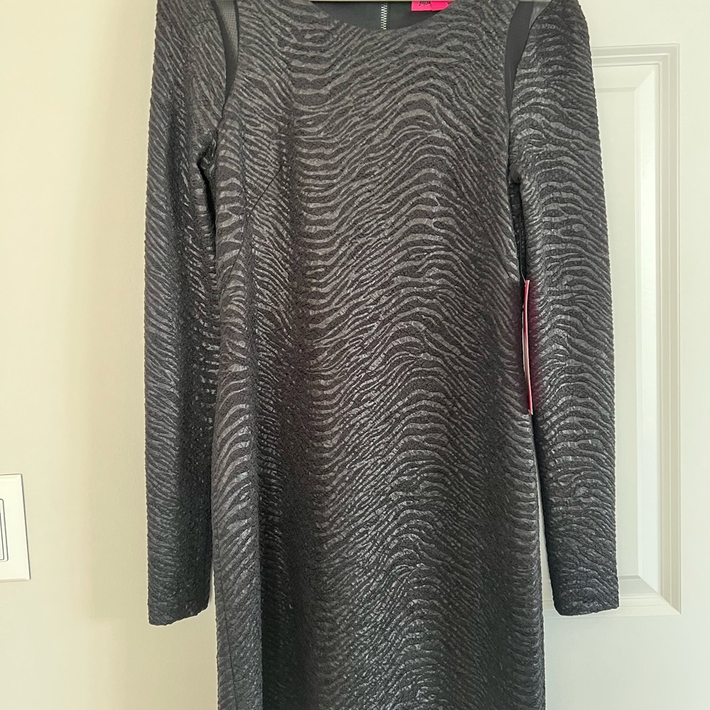 Betsy Johnson black leopard style dress with stretch and mesh shoulder cut outs